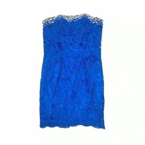 ALYCE PARIS Strapless Blue Floral Lace Mini Prom Dress with Crystal Details Sz 6